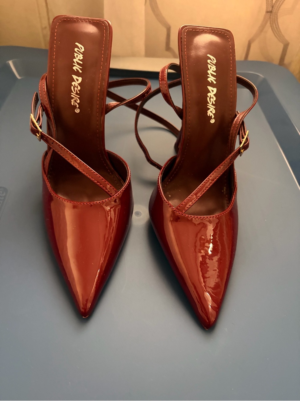 Public Desire Burgundy Patent Pointed Slingback Heels